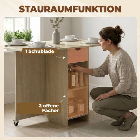 Table pliant pour 2-4 personnes, table roulante avec étagère ouverte et tiroir, idéale pour petits espaces, naturel (1/5)