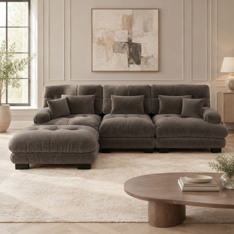 Canapé d'angle modulable 5 places en tissu brun, grand format en L avec ottoman mobile, assises profondes confort cloud pour salon et bureau CHICFURN (1/5)