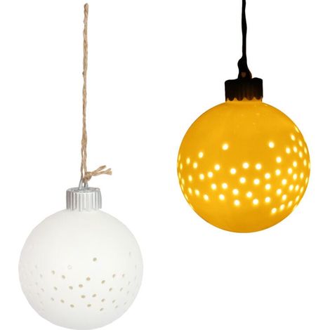 Pallina di Natale in ceramica traforata con LED, bianca, a batteria, 10 cm (1/3)