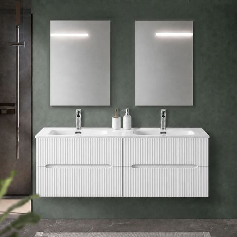 Mobile bagno sospeso 120 cm cannettato bianco opaco due cassetti e doppia vasca Bali (1/5)
