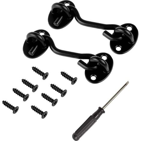 Lot de 2 crochets tempête avec œillet, petits crochets de cabine avec tournevis, crochets de cabine en acier inoxydable noir mat, petits crochets vintage pour porte, loquet de porte, crochet de cabine
