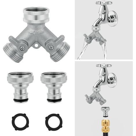 Splitter à robinet à 2 voies - connecteur de tuyau multifonctionnel de 3/4 pouces, vanne d'écoulement indépendante par sortie, peut être utilisé comme connecteur Y, argenté (1/5)