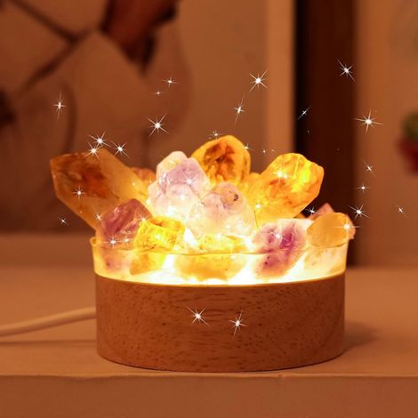 Veilleuse en cristal avec citrine à la lumière apaisante, lampe à socle en bois alimentée par USB pour la décoration de la chambre (1/5)