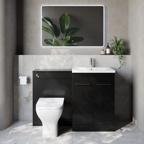 Napoli 460 Cento Matt Black 1200mm 2 Door Vanity Unit Toilet Suite with Glide Basin - 1200mm - Chrome 160mm HandleWith Kingston Toilet Pan and Seat