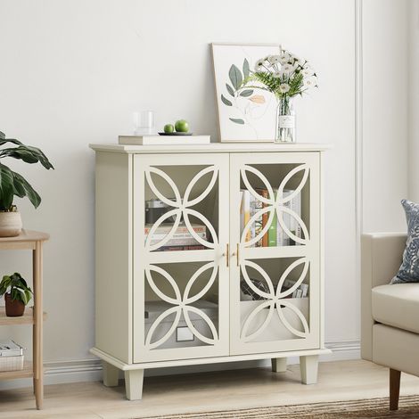 Buffet avec étagères réglables, meuble de salle de bain sur pied avec portes en verre trempé, console rétro moderne de cuisine, meuble de rangement décoratif à deux portes, crème (1/5)