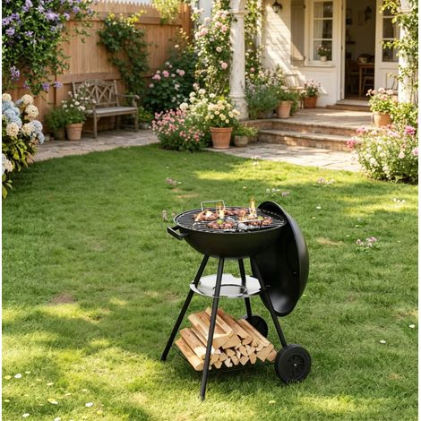 Barbacoa de carbón redonda 45,5 x 73 cm con tapa, parrilla esmaltada, negro OKMYHOME (1/4)