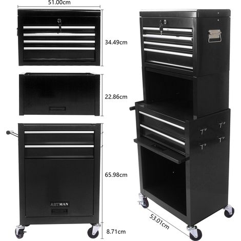 Coffre à outils 6 tiroirs avec verrouillage, équipé de 4 roulettes universelles, système de rangement 2-en-1 amovible pour garage, atelier et réparation, noir (1/5)