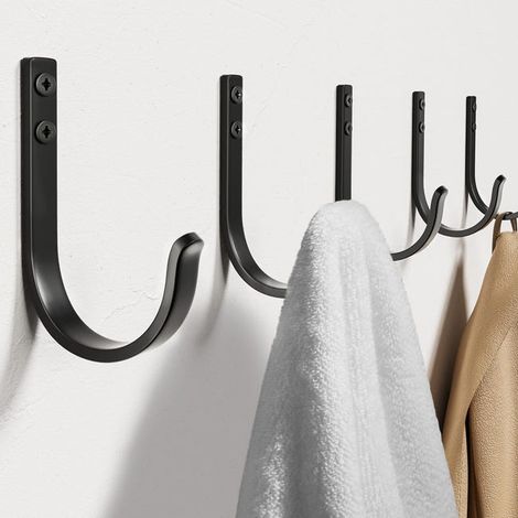 Gancho metálico sencillo, paquete de 5, negro, con tornillos, gancho para colgar en la pared, para colgar abrigos o toallas de baño.