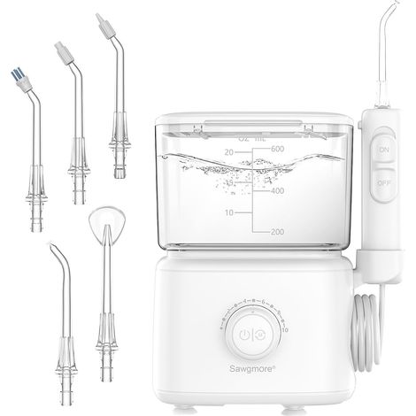 Hydropulseur dentaire électrique avec 10 niveaux de pression réglables, capacité de 600 ml, irrigateur oral avec 5 embouts de buse multifonctions pour la maison, blanc (1/5)