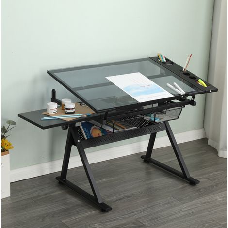 Table à dessin MDF et verre trempé noir inclinable avec tabouret (1/5)