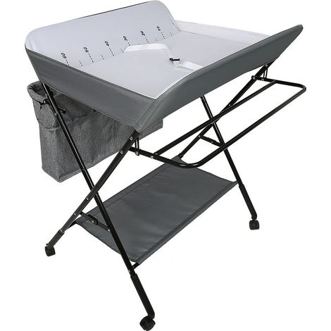 Table à Langer à Roulettes Pliable et Portable pour Nouveau-Nés et Bébés, Table Mobile et Multifonctionne Réglable en Hauteur avec Organisateur de Couches (Gris)