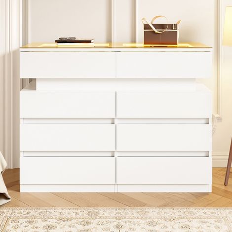 Cassettiera a 8 cassetti - L 100 x H 76 x P 45 cm - con ripiano in vetro e illuminazione a LED - Design moderno - Bianco (1/5)