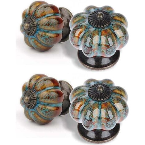 Lot de 6 Boutons de Tiroir Forme Citrouille Poignées Meuble en Céramique Antiques pour Placard Armoire Commode - Léopard Bleu (1/4)