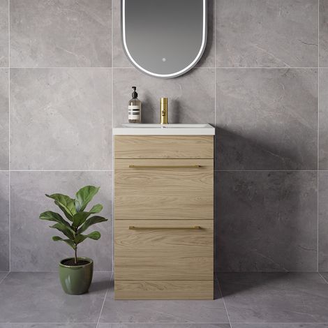 Napoli 390 Light Oak 500mm 2 Drawer Vanity Unit with Glide Basin - 500mm - Brushed Brass 320mm Handle