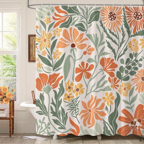 Rideau de Douche Boho Floral 180 x 180 cm, Orange Vert Fleurs Rétro Bohème Plantes Feuilles Rideaux de Baignoire pour Salle de Bain, Imperméable Anti-Moisissures Tissu avec 12 Crochets (1/5)
