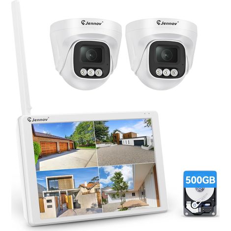 Jennov Kit Caméra de Surveillance WiFi 5MP avec Moniteur 10 Pouces, NVR 10CH, 4 Caméras IP avec Grand Angle 120°, Vision Nocturne en Couleur, Disque Dur 500 Go et Enregistrement 24/7 (1/5)