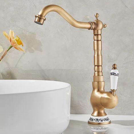 Mitigeur lavabo vintage tout cuivre, robinet salle de bains style classique doré poignée céramique eau froide et chaude