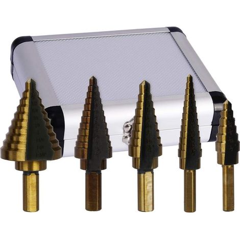 Foret à métaux HSS cobalt 5 piècesRevêtement pour températures bassesCompatible plaque carbone et tôle acierBoîte aluminium incluse (1/5)