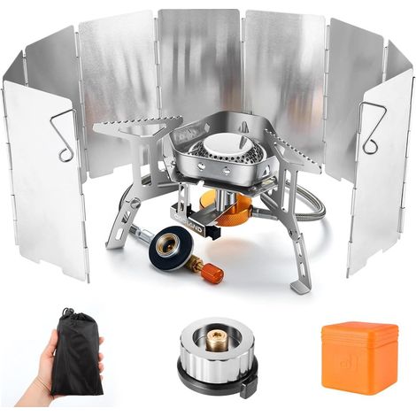 Réchaud de Camping à Gaz 3500 W, Brûleur Camping, Poêle Ultra-Léger Cuisinière Extérieur Pliable, Coupe-Vent et avec Allumage Piézo-électrique pour Camping/Randonnée/Pique-Nique, 4 en 1 (1/5)