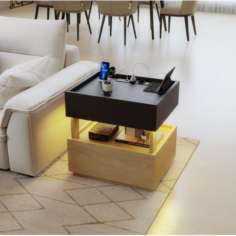 Mesita de noche inteligente, 50x40x50 cm, carga inalámbrica, luces LED, 2 cajones, madera de ingeniería, natural y negro (1/5)