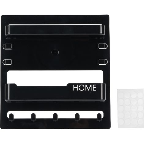 Estantería de mesilla negra autoadhesiva con ganchos, ideal para guardar objetos pequeños en el dormitorio. (1/5)