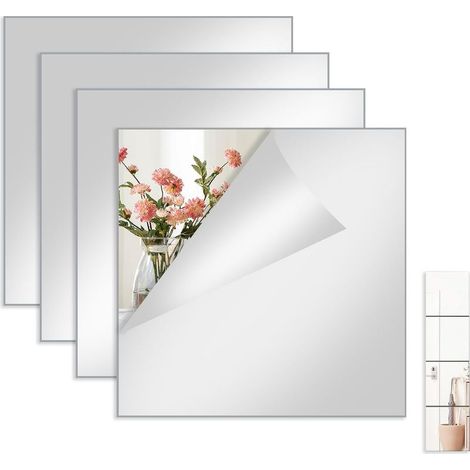 Lot de 4 miroirs adhésifs muraux, carrés acryliques 20x20 cm, pose sans perçage. (1/5)
