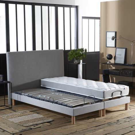 Ensemble lit électrique relaxation multi lattes + Matelas Mousse 35HR Couleur Gris Clair 2x80 x 200 (1/5)