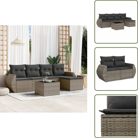 6-tlg. Garten-Sofagarnitur mit Kissen Grau Poly Rattan - Gartenmöbel Set - Outdoor Möbel - Rattan Gartenset - Lounge Set - Esstisch Set (1/5)