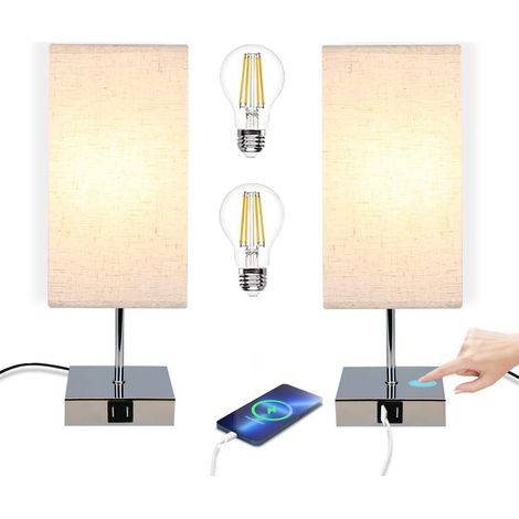 GBLY 2er set Nachttischlampe Touch: Modern Dimmbar Tischlampe mit USB Anschlüsse Schlafzimmer Nachttisch Lampe mit Ladefunktion Bettlampe mit Stoffschirm Tischleuchte E27 für Hotel Bett Büro Flur