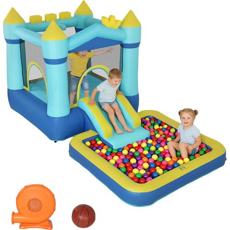 Château Gonflable, Toboggan, Trampoline, Bleu (1/2)