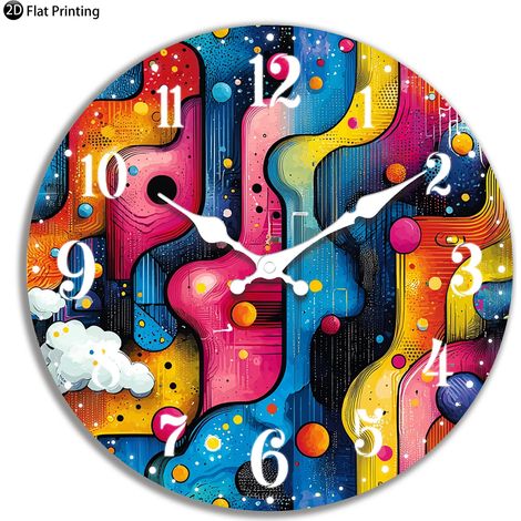 Horloge murale silencieuse (10 pouces), motif tourbillonnant coloré abstrait, horloge analogique à quartz, convient aux cuisines et aux maisons. (1/5)