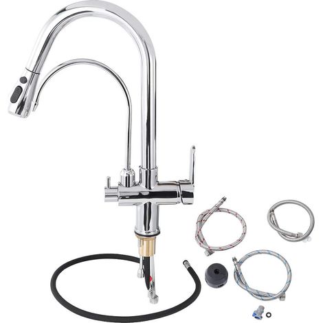 Robinet d'évier de cuisine, purificateur de filtre 3 en robinet de cuisine avec double poignée robinet d'eau chaude et froide G/2(argent) (1/5)