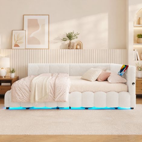 Letto daybed 140x200 cm in legno e tessuto bianco salvaspazio senza materasso FloraGrace (1/5)