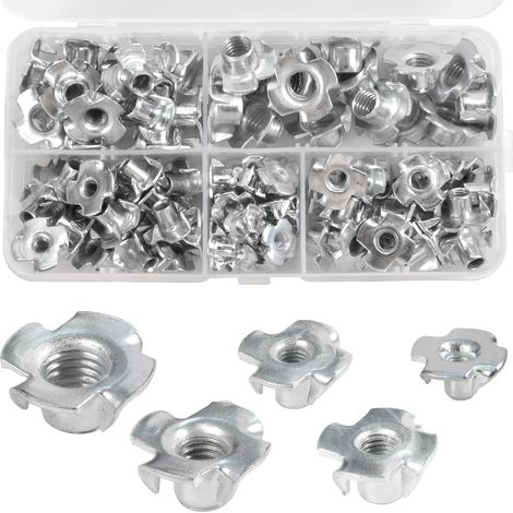 90 Pièces Écrous à Griffes, D'écrous en T en Acier au Carbone, ÉCrous En T à Quatre Dents, 4 Griffes à Insert Fileté M3 M4 M5 M6 M8 pour Travail du Bois Jambe de Meubles Écrous de Butée (1/5)