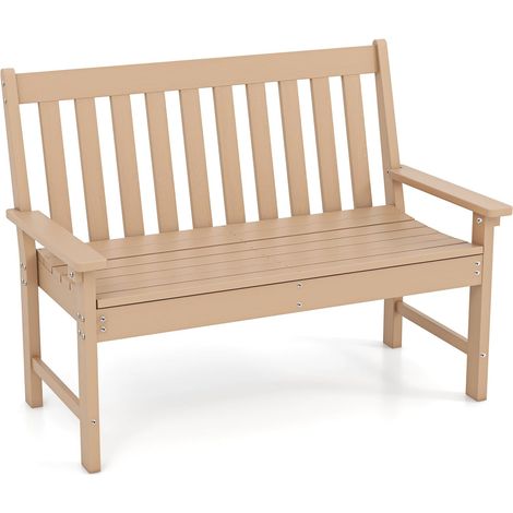 GOPLUS Banc de Jardin 2 Personnes, Banc d'Extérieur en HDPE avec Dossier et Accoudoirs, Résistant aux Intempéries, Charge 320 kg, pour Patio, Terrasse, Balcon, Parc, 132x65x91 cm (Marron) (1/5)