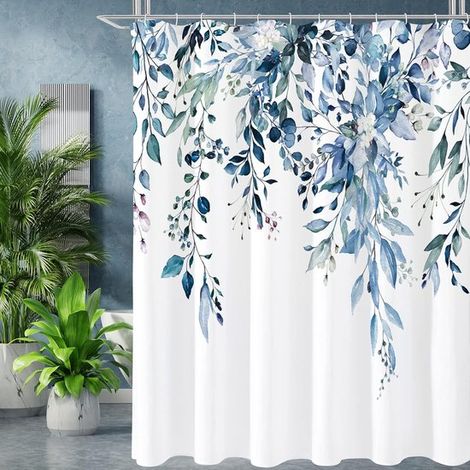 Rideau de douche anti-moisissure - Rideau de douche bleu eucalyptus - Rideau de douche en tissu imperméable - Accessoires de salle de bain - Feuilles aquarelle - 183 x 183 cm - Sublimez le luxe et la (1/5)
