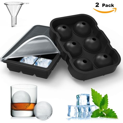 Moule à glaçons silicone - 2 pièces, 6 moules boules, 6 moules cubes avec couvercle et entonnoir, trays réutilisables pour whisky et cocktails