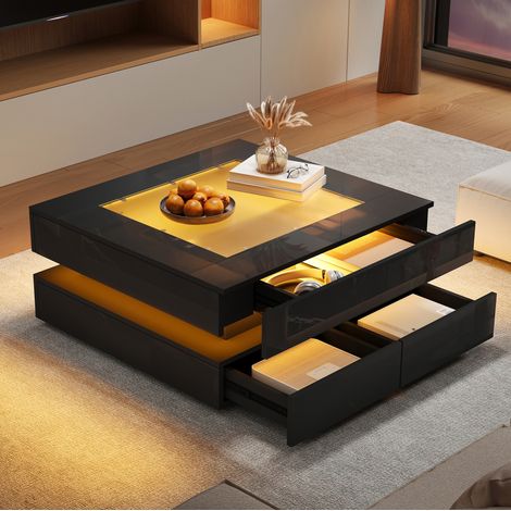 Couchtisch aus Sicherheitsglas und Spanplatte, 70 x 70 x 35 cm, Schwarz, mit LED und 3 Schubladen (1/5)