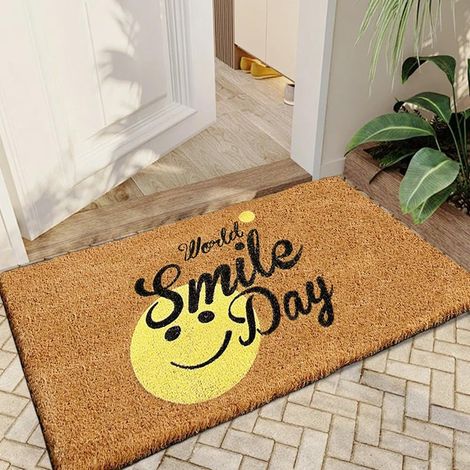 Paillasson extérieur avec motif jour souriant, 60 x 90 cm en fibre de coco avec dos antidérapant, grand paillasson extérieur (1/5)