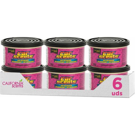 Ambientador de coche en Lata - 6 Pack - Fragancia Duradera de Cereza (Hasta 30 Días) - Control de Intensidad de Olor para un Ambiente Fresco y Personalizado en tu Coche, 42g