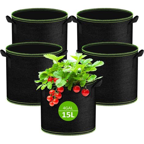 Lot de 5 Sacs de Plantation Non Tissé 15L, Sac de Plantation Terre en Tissu avec Poignée, Sacs de Culture de Plantes Réutilisable pour Tomates, Carottes, Fraises, Légumes, Fleurs (1/5)