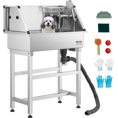 Baignoire de Chien Acier Inoxydable, Baignoire de Toilettage pour Animaux de Compagnie 87 cm Station de Lavage Chat, avec Robinet, Pommeau de Douche, Porte-savon, pour Plusieurs Types d'Animaux (1/5)