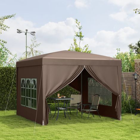 3 x 3 m Pavillon mit 4 Seitenwänden, Fenster, Festzelt mit UV-Schutz, Gartenzelt inkl. Tragetasche, Stahl, Kaffee