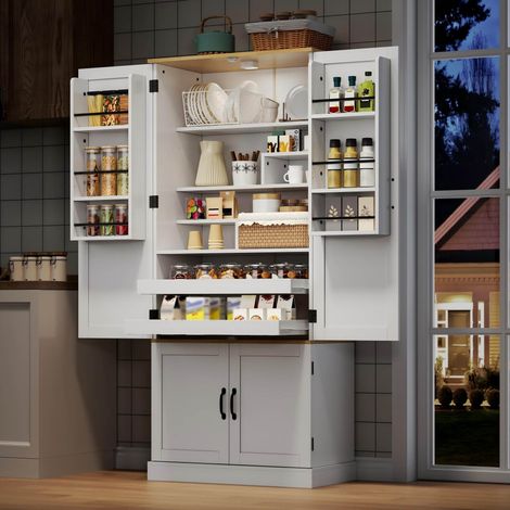 Credenza alta da cucina bianca in MDF con sensore di movimento, ripiani regolabili e cassetti (1/5)