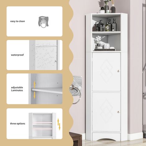 Meuble salle de bain d'angle, armoire de toilette avec 2 étagères, compartiment ouvert à tablette réglable, 36,5 x 36,5 x 155 cm, blanc (1/5)