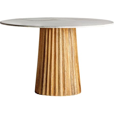 Table de cuisine ronde marbre blanc et pied manguier massif Lial D 120 cm (1/5)