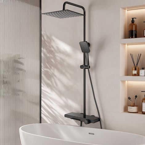 Auralum Max Thermostat Duschsystem mit Ablage - Klaviertasten Duscharmatur 3 Funktionen Komplettset mit 12 Zoll Edelstahl Regendusche und 6-Strahl Handbrause,Schwarz (1/5)