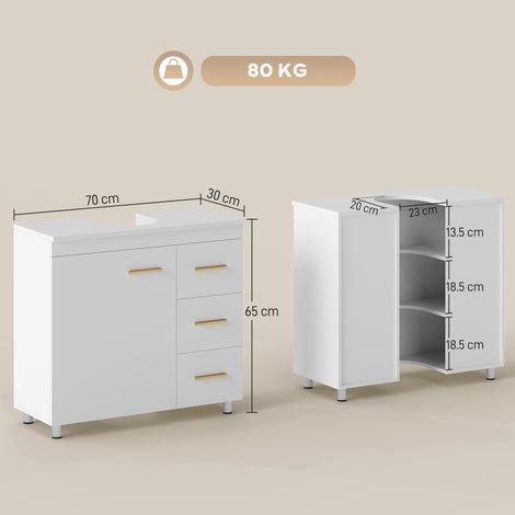 Meuble de rangement sous évier (partie en forme de U, 3 tiroirs, fermeture amortie, 70x30x65cm, blanc) (1/5)