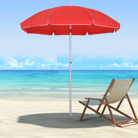Outsunny Achteckiger, neigbarer Sonnenschirm für den Strand, Ø 180 cm, hochdichtes Polyestergewebe mit UV-Schutz, höhenverstellbar, Aluminiumstange, inklusive Tragetasche, Rot