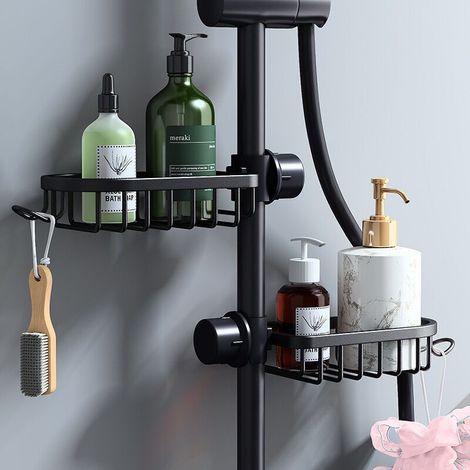Set di 2 mensole telescopiche per doccia in acciaio inox nero, supporto per il bagno senza foratura, regolabili e antiruggine per asta doccia. (1/4)